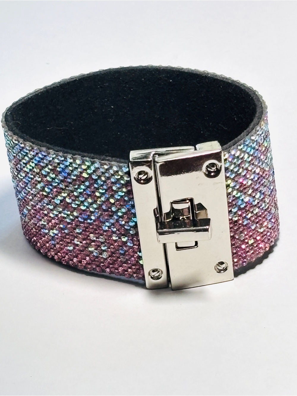 Jacqueline Kent Pink AB Rhinestone Wide Cuff Bracelet Silver Tone Statement 7.5” - Picture 2 of 12